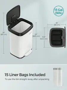 SONGMICS Kitchen Bin, 50L Rubbish Bin, Metal Waste Pedal Bin With Lid, Tall And Large, White And Black