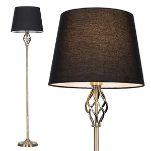 ValueLights Memphis Traditional Style Antique Brass Barley Twist Floor Lamp with Black Tapered Light Shade