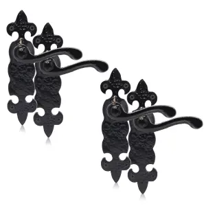 XFORT Black Antique Fleur De Lys Lever Door Handles, 2 Pair