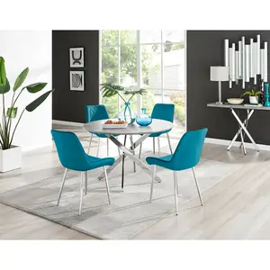 Tierra Modern Chrome Metal & Glass Round Dining Table Set with 4 Luxury Velvet Dining Chairs Silver / Blue/Silver / 75 x 120 x 120cm