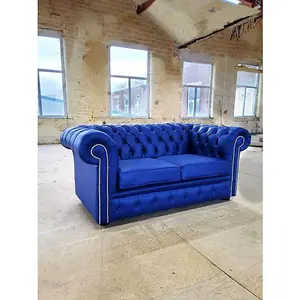 Chesterfield 2 Seater Shelly Deep Ultramarine Blue Real Leather Sofa Settee Bespoke In Classic Style