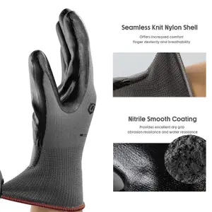 Pack Of 4 Heavy Duty Non-Slip Safety Work Gloves Nitrile Coating, Secure Grip Black Grey