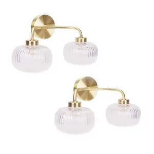 ValueLights Amaia Gold 2 Way Wall Light Ribbed Glass Shades IP44 - Set of 2