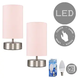 ValueLights Francis Pair of - Chrome Touch Dimmer Bedside Table Lamps with Pink Light Shades with LED Bulb