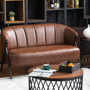 2 Seater Loveseat Small Sofa in Faux Leather Brown Fabric