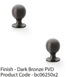 2 PACK - Reeded Ball Door Knob - 25mm Diameter Dark Bronze Lined Cupboard Pull Handle