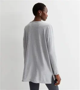 New Look Women's Tall Pale Grey Soft Touch Long Sleeve Split Hem Top - S