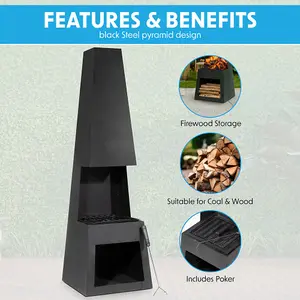 Elegant 45x150cm Black Steel Chiminea Wood Burner with Firewood Storage for Outdoor Heating