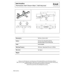 RAK Showering Brushed Nickel Wall Mounted Thermostatic Bath Shower Mixer Valve Tap