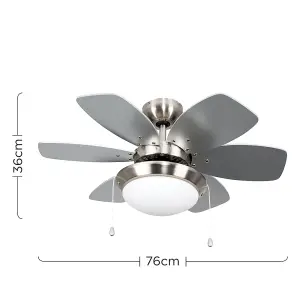 ValueLights Chrome 30" Modern Ceiling Fan with Light & Reversible Blades - Complete with 2 x 4w LED SES E14 Golfball Bulb