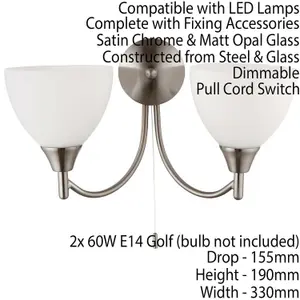 Dimmable LED Twin Wall Light Satin Chrome & Frosted Glass Curved Lamp Lighting