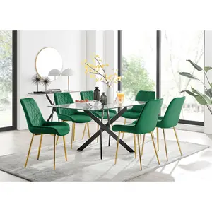 Lenworth Glass Rectangular Dining Table Set with 6 Luxury Velvet Chairs Black / Green/Gold