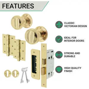 EAI - Lined Mortice Door Knobs and Sash Lock Kit - 55mm - Polished Brass