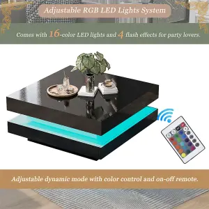 Black Square High Gloss Coffee Table with Rotating Top, Tea Table with 16-Color LED light, 70x70x36 cm