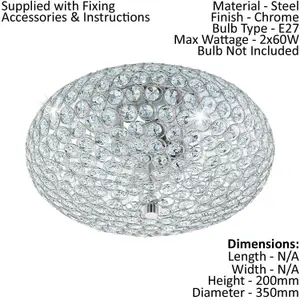 Flush Ceiling Light Colour Chrome Plated Shade Clear Crystal Bulb E27 2x60W