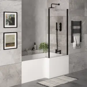 1700mm Right Hand L Shape Bathtub, Front Panel with Bath Screen - Satin Black Profile