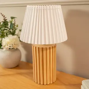 ValueLights Brooke Natural Wood Bedside Table Lamp with a White Pleated Lampshade - Bulb Included