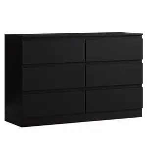 Carlton 6 Drawer Double Dresser - 3+3 Configuration, Scratch-Resistant, Handleless Design, Matte Finish. 12cm Deep Drawers Matt Black