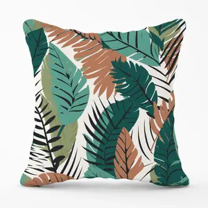 Tropical Floral Leaves Green Brown Outdoor Cushion 45cm x 45cm