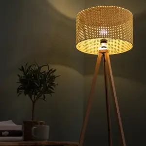 ValueLights Light Wood Tripod Design Floor Lamp With Cream Woven Rattan Wicker Effect Shade