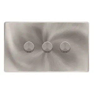 Brushed Steel Screwless Plate 3 Gang 2 Way LED 100W Trailing Edge Dimmer Light Switch - SE Home