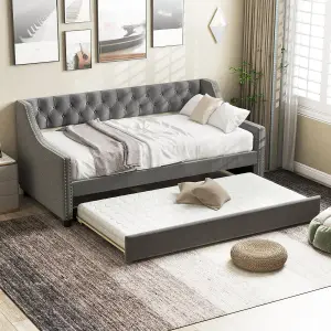 Costway Single Size Trundle Bed Linen Upholstered Daybed w/ Trundle Sofa Bed Frame