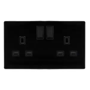 Matt Black Screwless Plate 2 Gang 13A DP   Twin Double Switched Plug Socket - Black Trim - SE Home