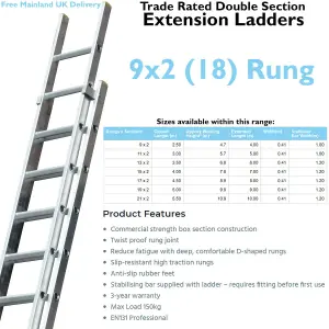 18 Rung Aluminium Double Section Extension Ladders & Stabiliser Feet 2.5m 4m