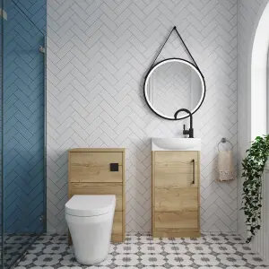 Cloakroom Suite - Left Hand 440mm Vanity, WC Unit, Toilet and Tap - Oak/Black