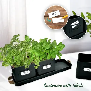 3-Pack Herb Pots for Kitchen Windowsill - Black Indoor Planter with Leather Tray & Labels, Perfect for Herbs & Small Plants