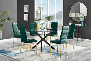 Furniturebox UK Novara Black Leg 120cm Round Glass Dining Table & 6 Green Velvet Milan Gold Leg Chairs