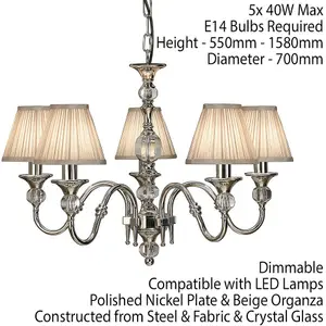 Diana Ceiling Pendant Chandelier Bright Nickel & Beige Pleat Shade 5 Lamp Light