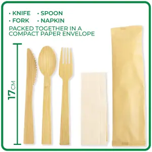 Disposable Bamboo Cutlery Set with Napkin 17cm Length : 50 Packs