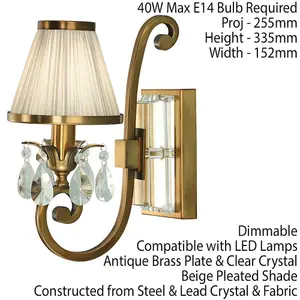 Esher Luxury Single Curved Arm Traditional Wall Light Brass Crystal Beige Shade