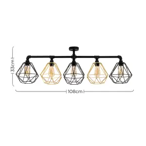 ValueLights Luiggi Industrial 5 Way Satin Black Pipework Ceiling Light with Black and Gold Cage Shades