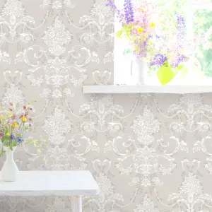 Amelie Damask Floral Mushroom & White Wallpaper 260253