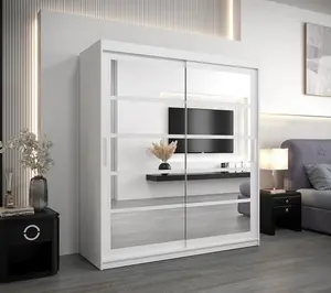 Roma II White Elegant Sliding Door Wardrobe H2000mm W1800mm D620mm with Mirrored Panels and Silver Handles