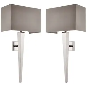 2 PACK Rectangular Dimmable Wall Light Chrome & Grey Shade Modern Bedside Lamp