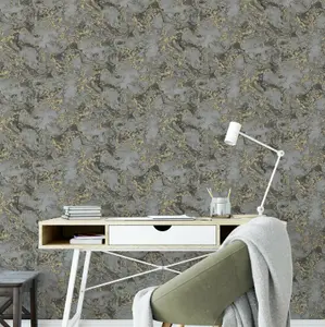 Metallic Ripple Liquid Marble Swirl Charcoal Grey Gold Shimmer Wallpaper WD0043