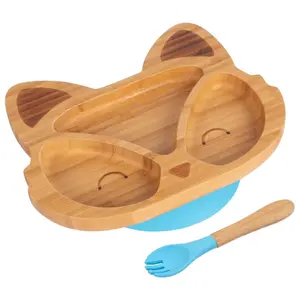 Bamboo Fox Baby Weaning Plate & Fork Set - Blue