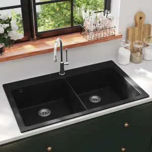 Overmount Kitchen Sink Double Basin Granite Black