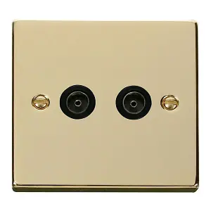 Polished Brass 2 Gang Twin Coaxial TV Socket - Black Trim - SE Home