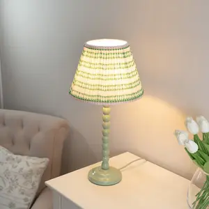 ValueLights Bobbles Sage Green Bobbin Table Lamp with Pink Aztec Pleated Shade - LED Bulb Included