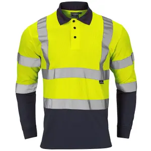 Hi Viz Two Tone Long Sleeve Bird Eye Polo Shirt- Yellow/ Navy - XL