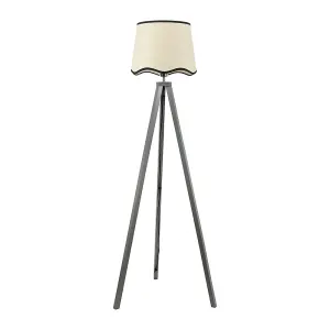 ValueLights Barbro Grey Wood Tripod Floor Lamp with Natural Linen Scallop Black Edge Shade and LED Bulb