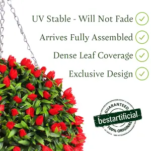 Pair of Best Artificial 28cm Red Tulip Hanging Basket Flower Topiary Ball - Suitable for Outdoor Use - Weather & Fade Resistant