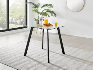 Furniturebox Seattle Scandi Inspired Glass and Black Leg Square Dining Table & 4 White Cushioned Stockholm Beech Wood Leg Chairs