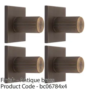 4 PACK - Reeded Cylinder Cabinet Door Knob & Matching Backplate Antique Brass 40 x 40mm