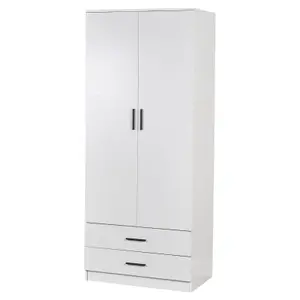 URBNLIVING 180cm Tall 2 Door Wardrobe With 2 Drawers White Carcass and White Drawers Bedroom Storage Hanging Bar Clothes