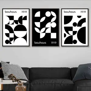 Bauhaus Style Graphical Black & White Geometric Set of 3 Wall Art Prints / 42x59cm (A2) / White Frame